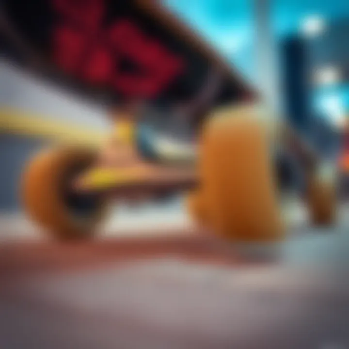 Performance Components of Globe 94 Close-up of the Globe 94 skateboard wheels and trucks, highlighting performance components.