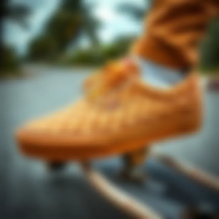 Golden Brown Checkered Vans in Action Golden brown checkered Vans on a skateboard