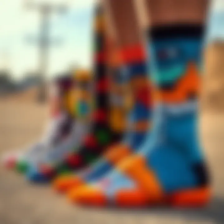 A vibrant collection of graphic crew socks showcasing unique designs