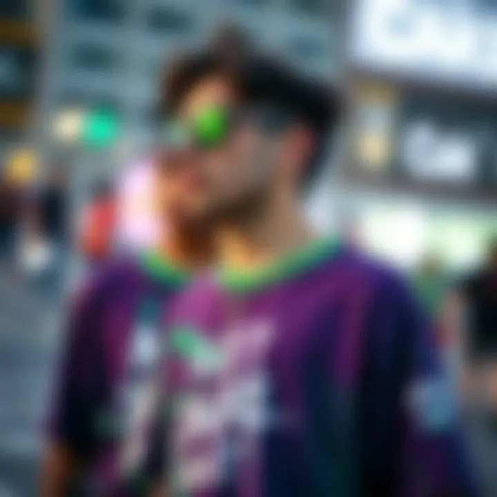 Expressive Graphic Designs in Skate Fashion Bold graphic prints on purple and green shirts in skateboarding