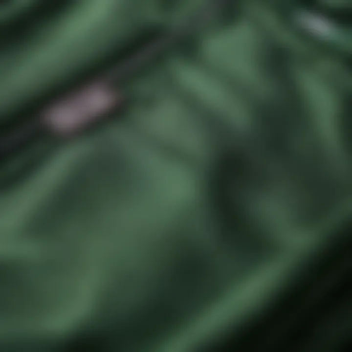 Close-up of the fabric and details of green champion sweatpants.