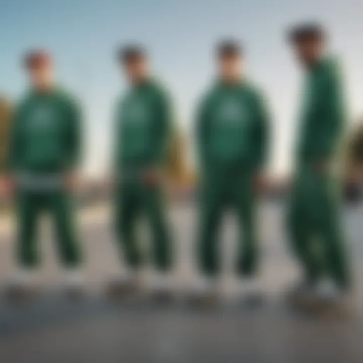 Group of skaters dressed in green champion sweatpants at a skate park.