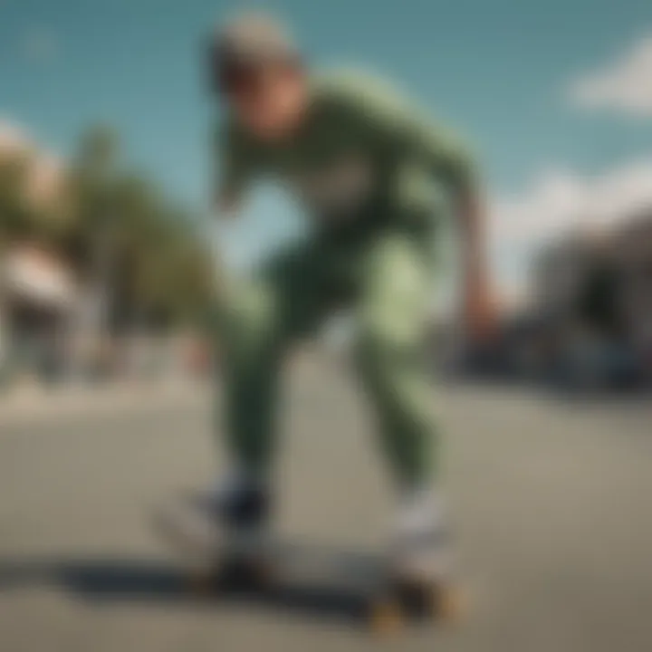 Skater showcasing the versatility of green champion sweatpants while performing a trick.