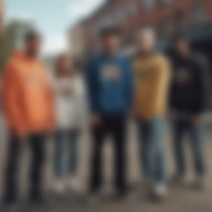 Diverse group wearing Huf crewnecks in an urban skate setting