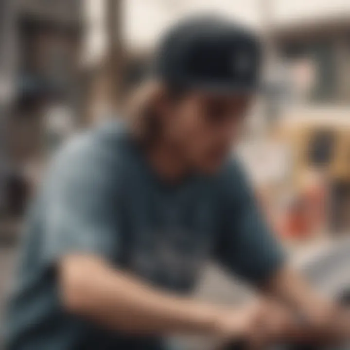 A skateboarder wearing a HUF trucker hat while performing a trick.