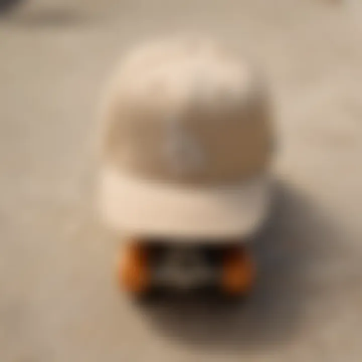 Close-up of a beige LA Dodgers hat on a skateboard