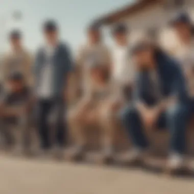 A group of skateboarders wearing various styles of the beige LA Dodgers hat