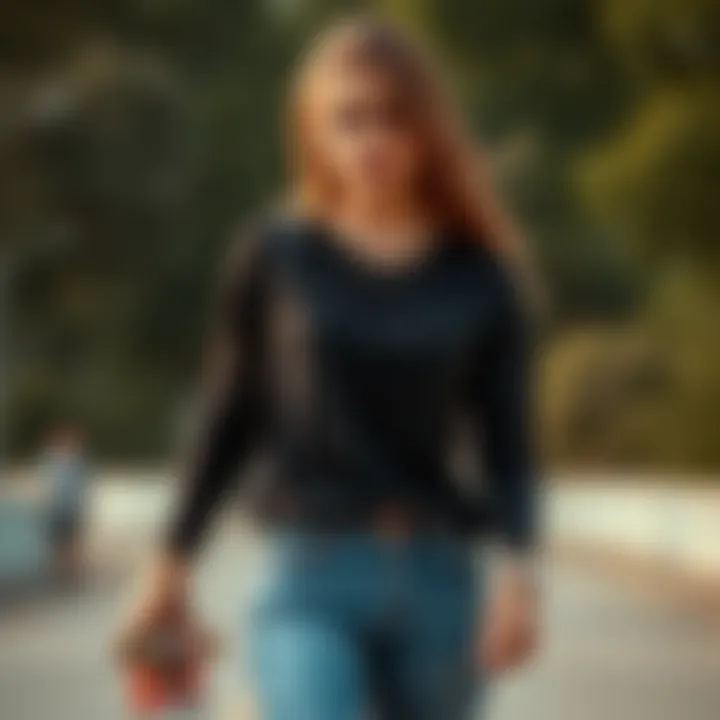 Casual look featuring black long sleeve t-shirt and denim