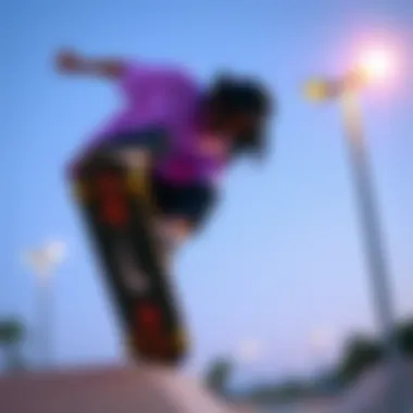 Skateboarder wearing the lavender Nike shirt during a trick