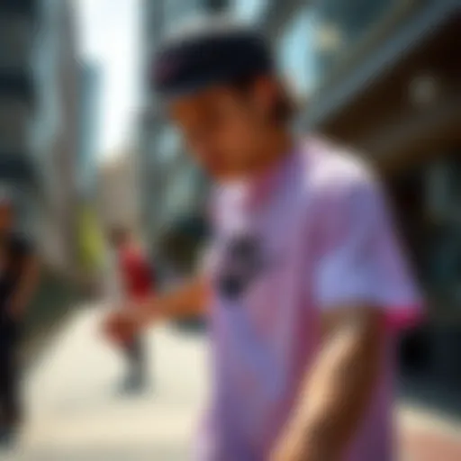 Lavender Nike shirt showcased in urban skateboarding setting