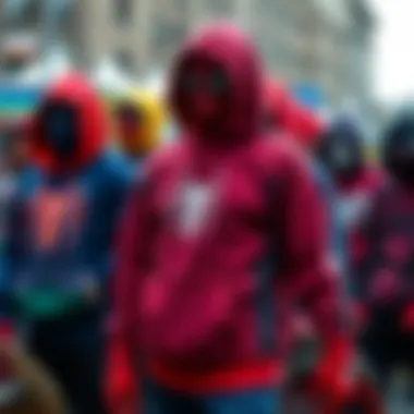 Skate Culture Influence: A Colorful Display of Spider-Man Hoodies Group of skateboarders showcasing their Spider-Man hoodies