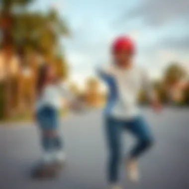 Couple sharing a moment while skateboarding in matching apparel