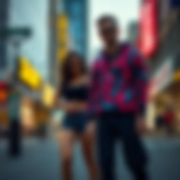 Couple in matching skateboarding outfits on a vibrant urban street