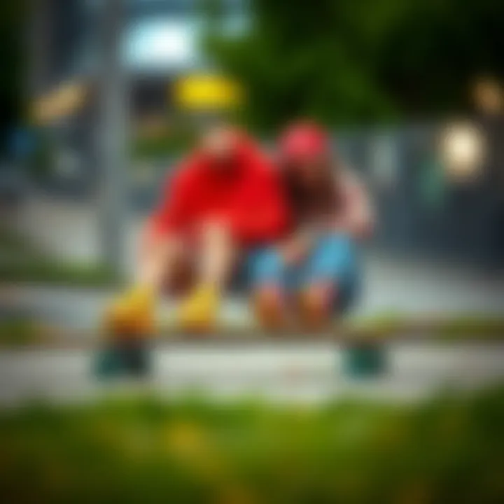 Colorful coordinated outfits displayed on a skateboard deck