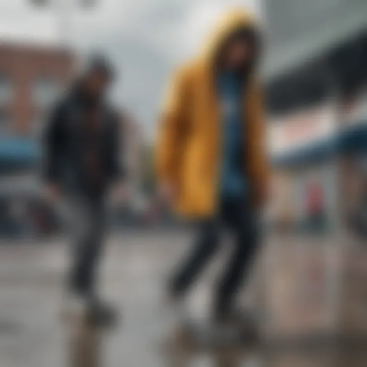 Skaters wearing the Members Only rain jacket in an urban skate park environment, emphasizing style and culture.