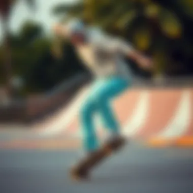 Skateboarder wearing mint pants in action