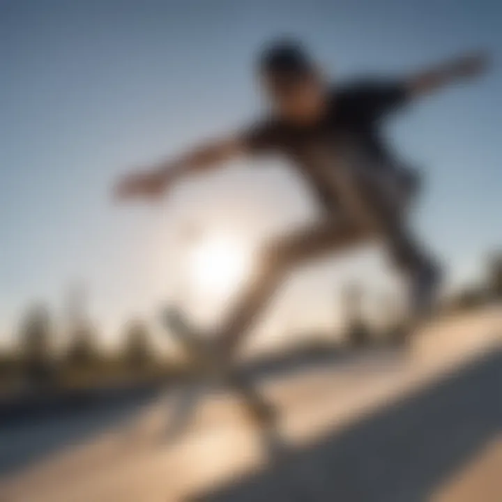 A skateboarder wearing Montana sunglasses while performing a trick at a skate park.