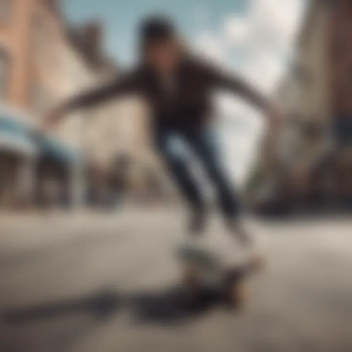 Skateboarder executing a maneuver on a city street