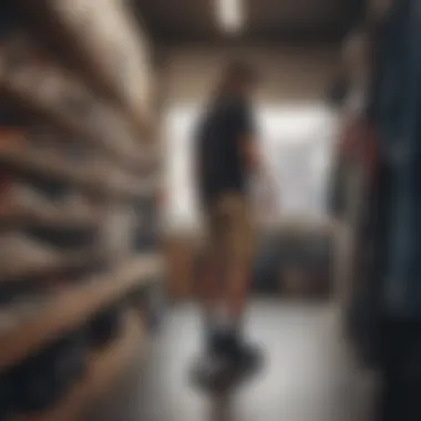 Person trying on shorts in a skate shop