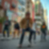 A group of young skaters showcasing their unique styles on a vibrant city street.