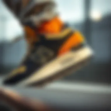 Close-up of NB skateboard shoe design showcasing unique materials