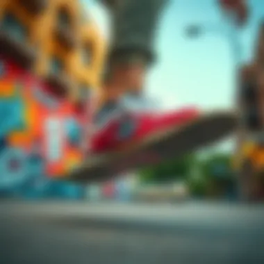 Skateboarder performing tricks in NB shoes on a vibrant urban backdrop