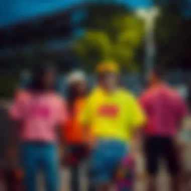 A group of skateboarders wearing neon cropped shirts at a skate park