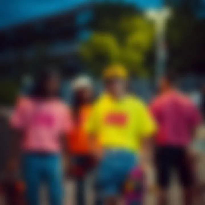 A group of skateboarders wearing neon cropped shirts at a skate park