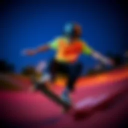 Vibrant neon cropped shirt on a skateboarder in action