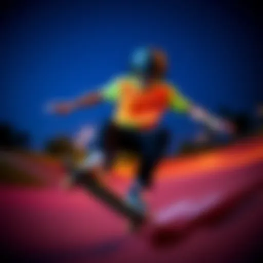 Dynamic Skateboarding with Neon Style Vibrant neon cropped shirt on a skateboarder in action