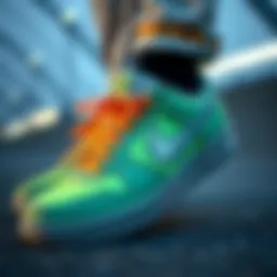 Close-up view of neon green Nike shoes highlighting design details