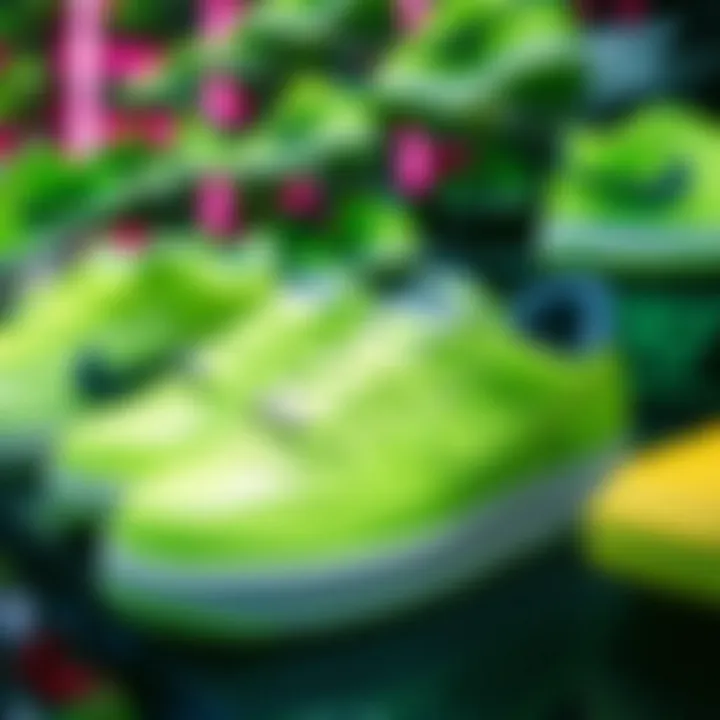 A collection of vibrant neon green Nike shoes on display