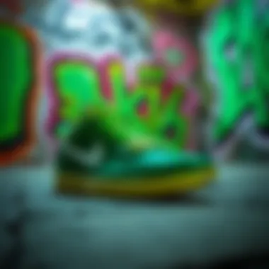 Graffiti backdrop featuring neon green elements and Nike shoes