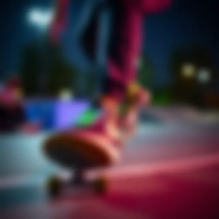 Skateboarder performing tricks while wearing neon green Nike shoes