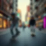 A vibrant street scene showcasing skateboarders in action, highlighting the fusion of skateboarding and fashion.
