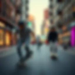 A vibrant street scene showcasing skateboarders in action, highlighting the fusion of skateboarding and fashion.