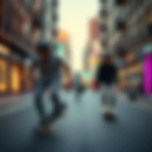 Skateboarders Merging Style and Sport A vibrant street scene showcasing skateboarders in action, highlighting the fusion of skateboarding and fashion.