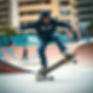 Skateboarder wearing Oakley Holbrook Ruby Prizm sunglasses in an urban skatepark setting