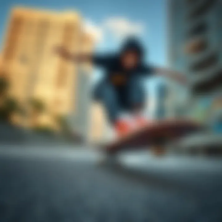 Skateboarding with One Piece-Themed Skechers A dynamic scene of a skateboarder wearing Skechers shoes themed after One Piece, riding through an urban landscape