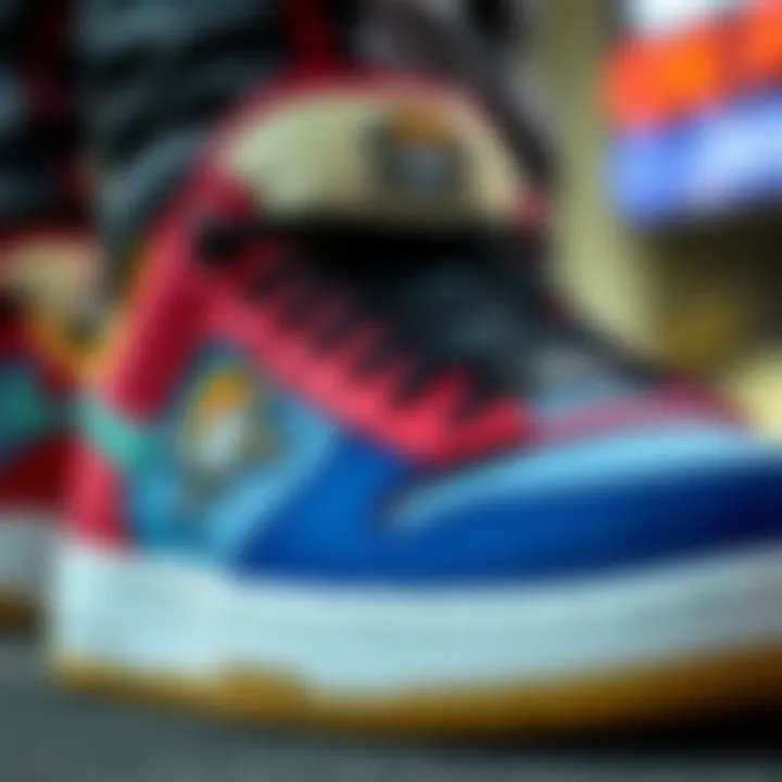 Unique Sneaker Design Inspired by One Piece A close-up of the unique sneaker design inspired by One Piece, featuring bold colors and logos