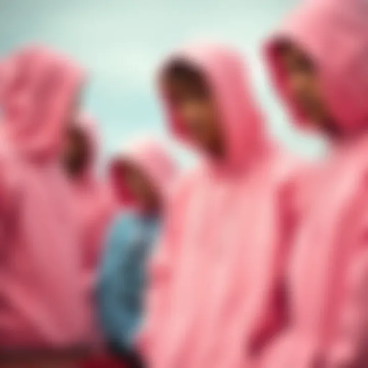 Collective Expression: Pastel Pink Hoodies in Skate Culture Group of skateboarders showcasing their unique styles featuring pastel pink hoodies