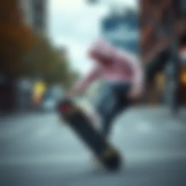 Skateboarding in Style: The Pastel Pink Hoodie A skateboarder wearing a pastel pink hoodie performing a trick