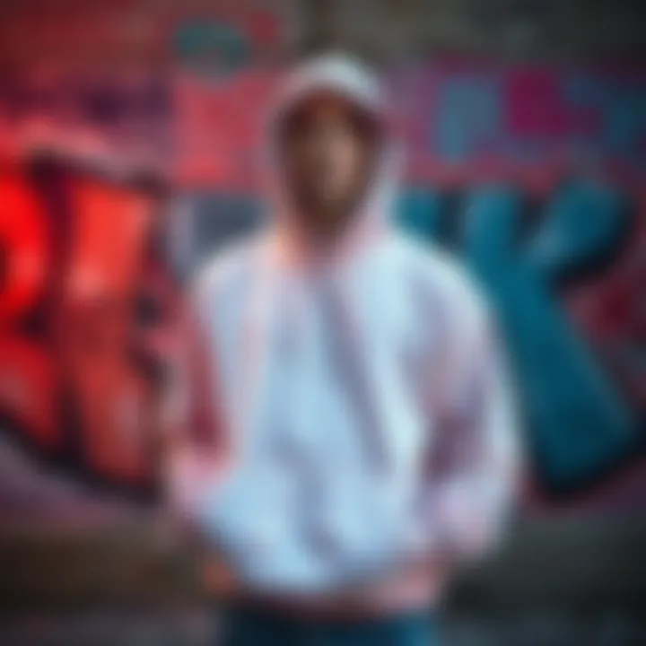 Urban Aesthetics: Pastel Pink Hoodie and Graffiti Backdrop A trendy urban setting highlighting a pastel pink hoodie against graffiti