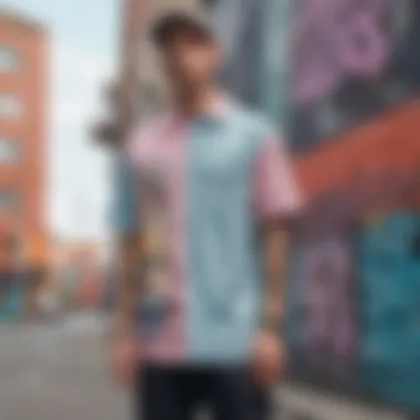 A stylish color block pastel shirt hung against a graffiti backdrop.