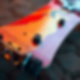 Close-up view of the unique deck design of a Penny skateboard