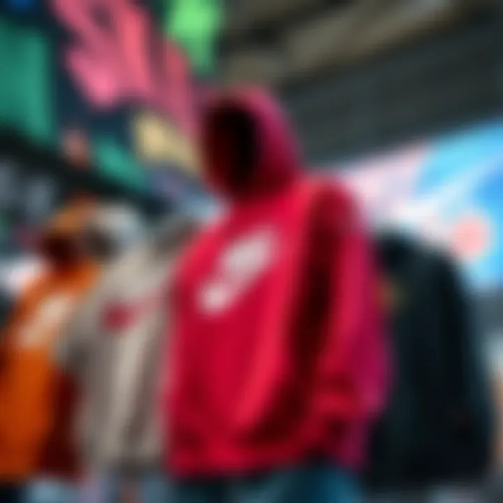 Dynamic Showcase of Plus Size Nike Sweatshirts A vibrant collection of plus size Nike sweatshirts displayed against a colorful urban backdrop.