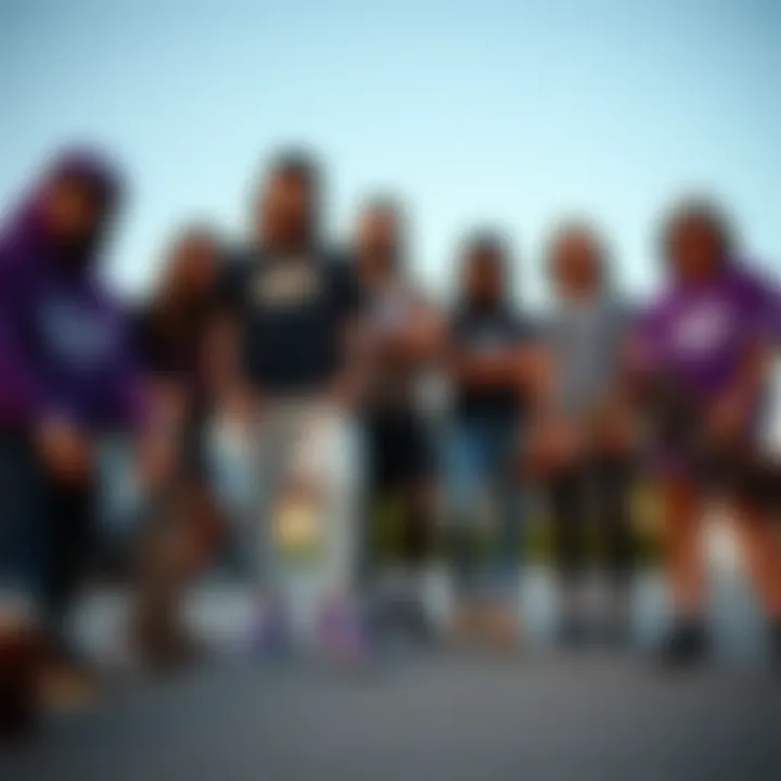 A group of friends gathered, showcasing their Purple Leopard Vans, reflecting community spirit in skateboarding culture.