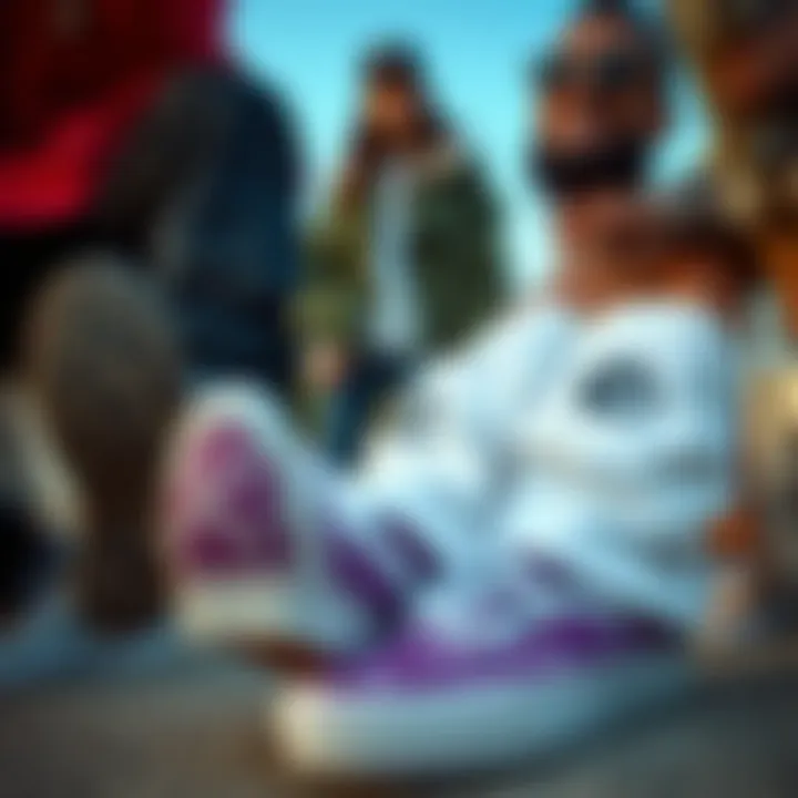 Fashion-forward individuals styling Purple Leopard Vans with various outfits, highlighting their versatility.