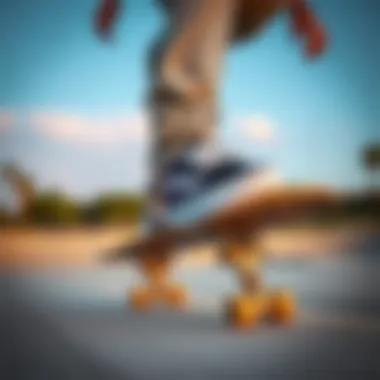 A skateboarder wearing Purple Leopard Vans in action at a skate park, illustrating the shoes in use.