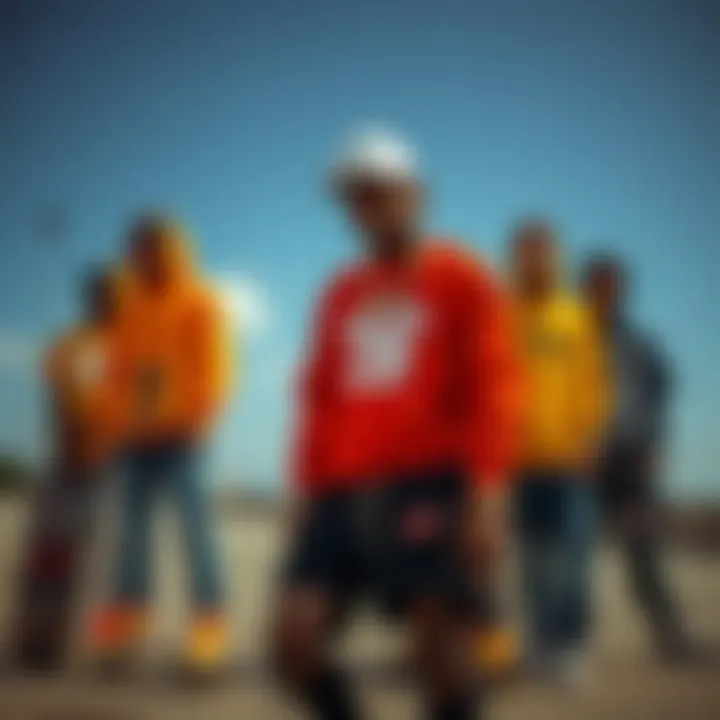 Community Expression: Skaters in Rap Fashion Group of skaters showcasing their unique rap-inspired outfits